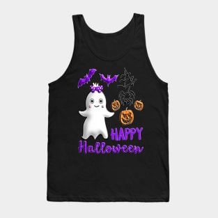 Pumpkin baby girl ghost Kawaii bat spider Happy Halloween violet orange black dots ribbon 3D tridimensional 317 Tank Top